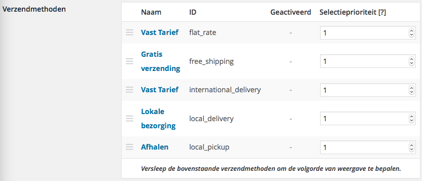 Verzendmethodes WooCommerce