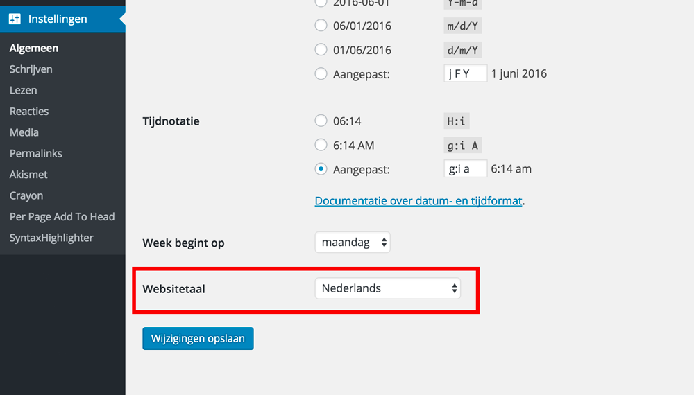 Websitetaal WordPress aanpassen
