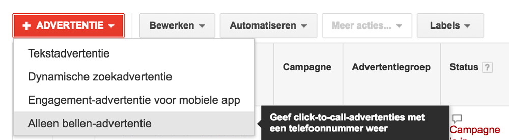 Alleen bellen advertentie aanmaken