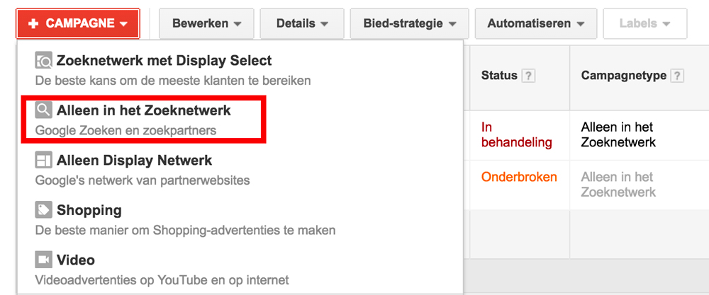 Alleen in het zoeknetwerk campagne